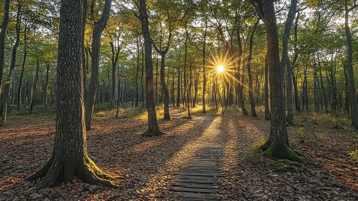 Sun rays through autumn forest — พักสายตาสักครู่