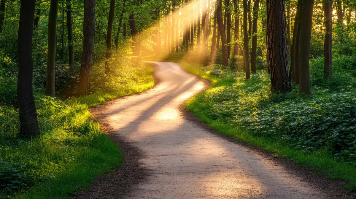 Sunbeams through forest path — ความสงบก่อนไปต่อ