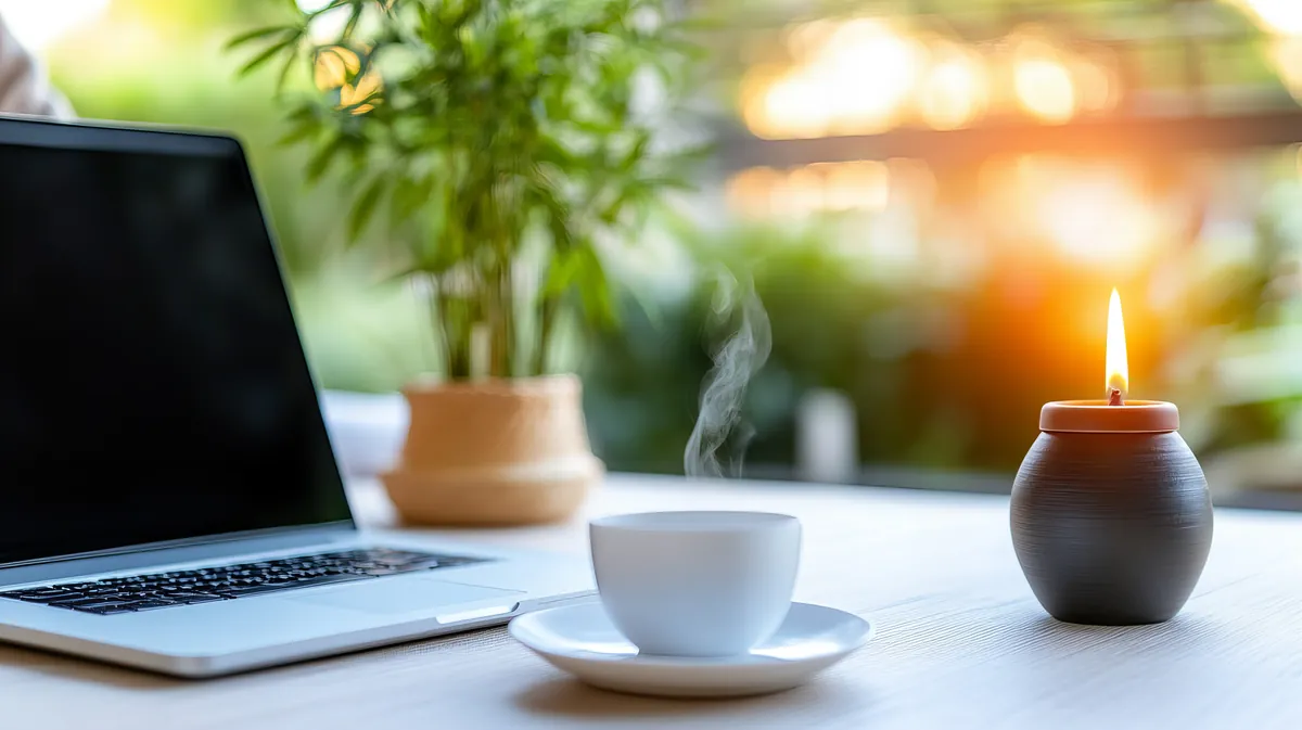 โต๊ะทำงานกับ laptop กาแฟ เทียน และต้นไม้ ในแสงธรรมชาติยามเช้า