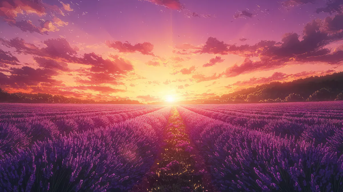 ทุ่งลาเวนเดอร์สีม่วงสดใสยามพระอาทิตย์ตก แสงสีทองสาดส่องผ่านท้องฟ้า