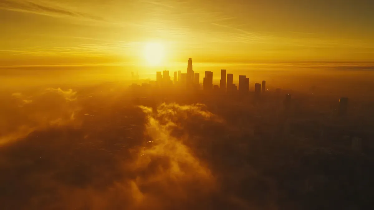 วิวเมืองจากมุมสูงยามพระอาทิตย์ตก แสงสีส้มทองสาดส่องผ่านตึกสูง