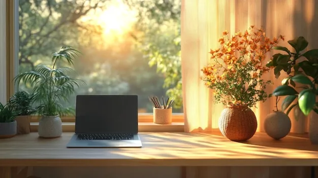 Workspace with sunlight and plants — พักสายตาสักครู่